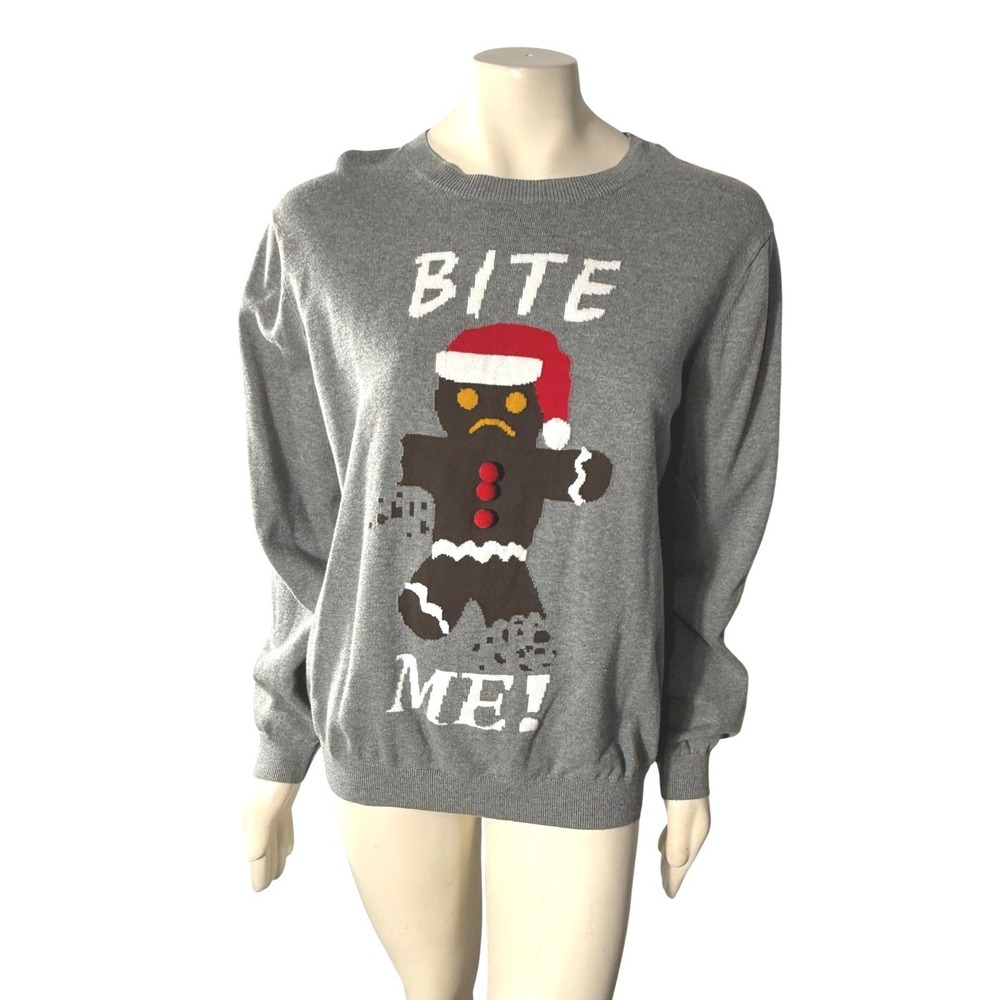 Mossimo Gray Ugly Christmas Sweater Party Bite Me Gingerbread‎ Women's Large